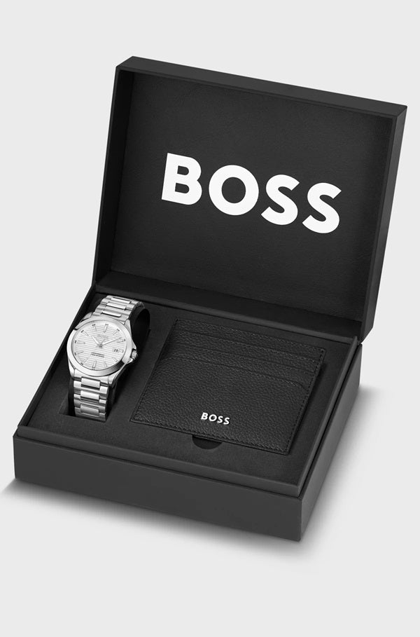 Hugo Boss Groove-Dial Quartz Watch and leather card holder Gift Set.