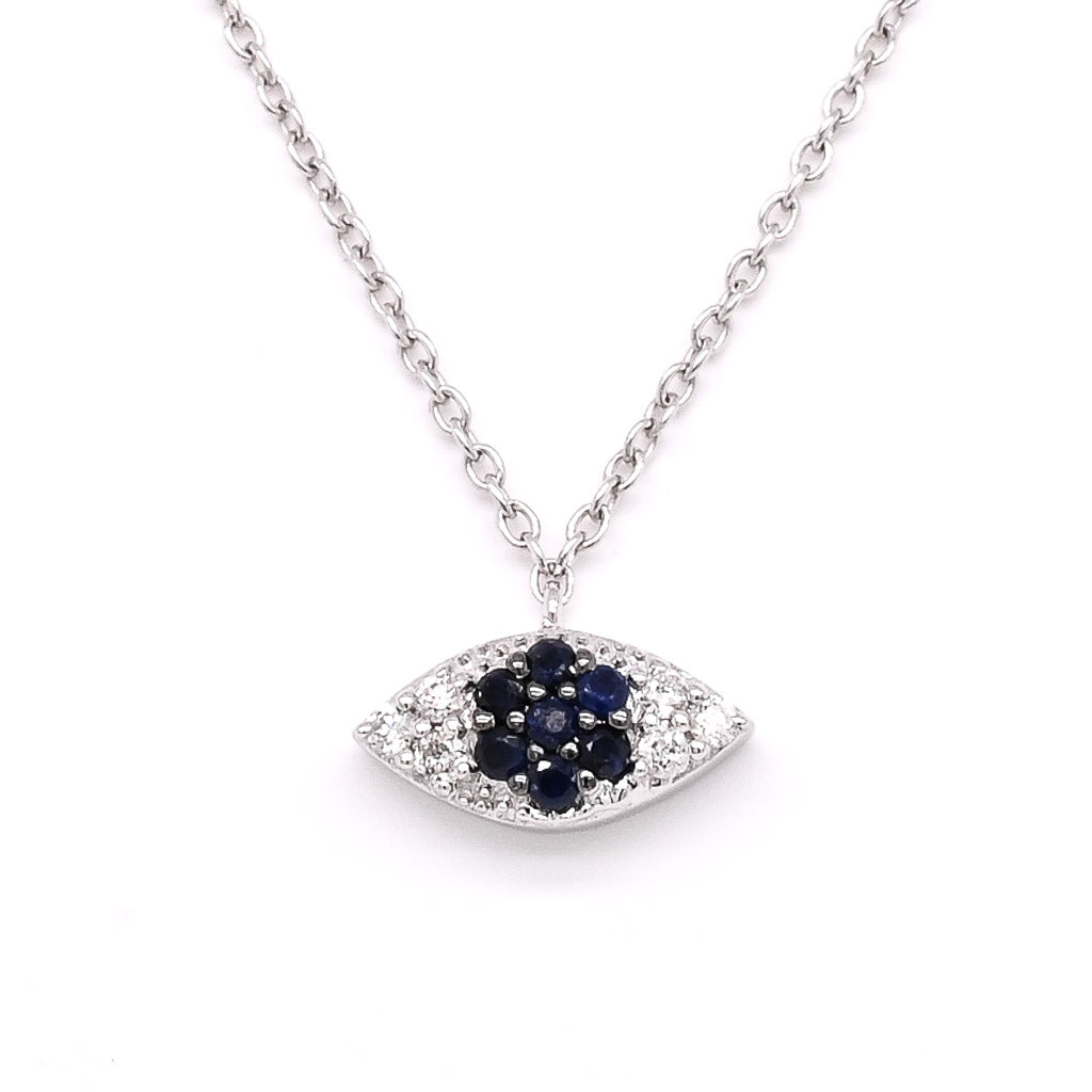 14KT White Gold 18" 0.07CT Blue Sapphire and Diamond Evil Eye Necklace.