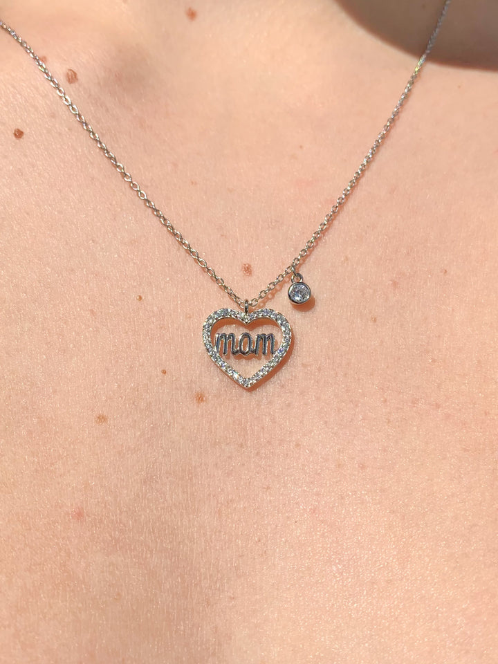 Sterling Silver 17"  "MOM" Halo CZ Heart Necklace