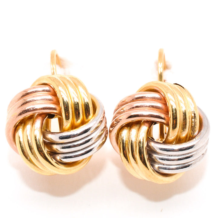 10 Karat Tri-Colour Gold Love Knot Lever Back Earrings.