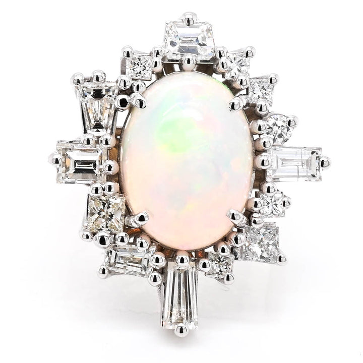 14KT Yellow & White Gold 6.25CT Opal & Diamond Vintage Inspired Halo Set Ring.