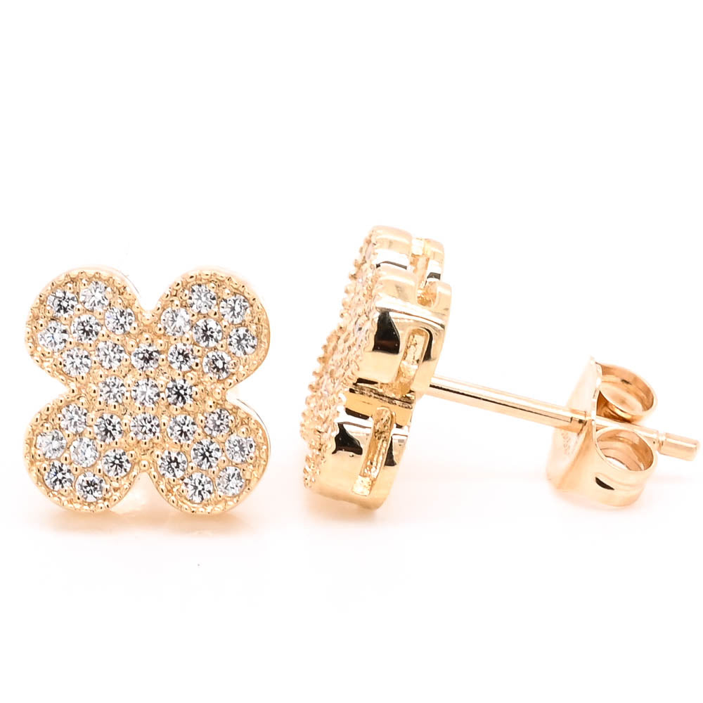 14KT Yellow Gold C.Z Clover Stud Earrings.