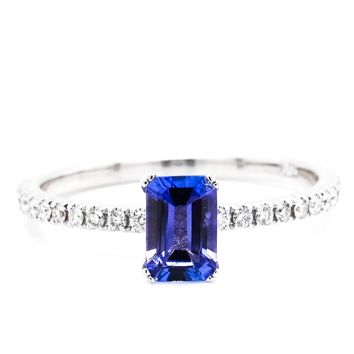 14KT White Gold 0.55CT Emerald Shape Tanzanite and Diamond Ring.