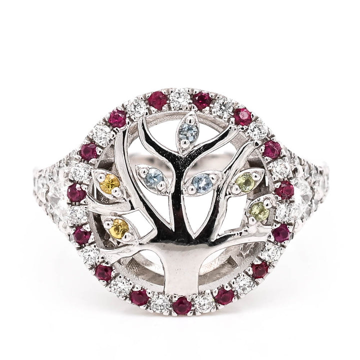 10KT White Gold Multi Coloured Gemstone & Diamond Tree Ring.