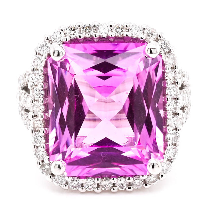 14KT White Gold 11.29CT Emerald Shape Synthetic Pink Sapphire & Diamond Ring.