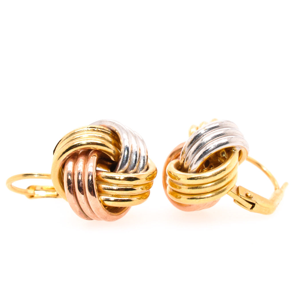 10 Karat Tri-Colour Gold Love Knot Lever Back Earrings.