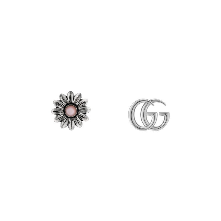 Gucci Double G Sterling Silver Pink Mother Of Pearl Flower Stud Earrings.