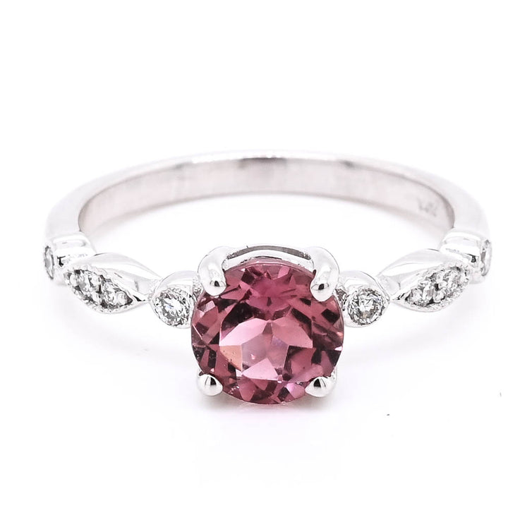 14KT White Gold Round Brilliant Pink Tourmaline & Diamond Ring.

Ban