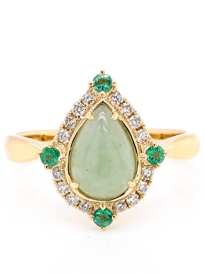 10KT Yellow Gold Pear 1.70CT Shape Jade Emerald & Diamond Ring.