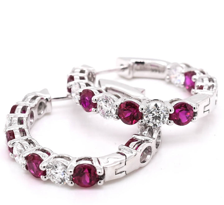 14KT White Gold 2.19CTW LAB Created Ruby & Diamond Oval Hoop Earrings.