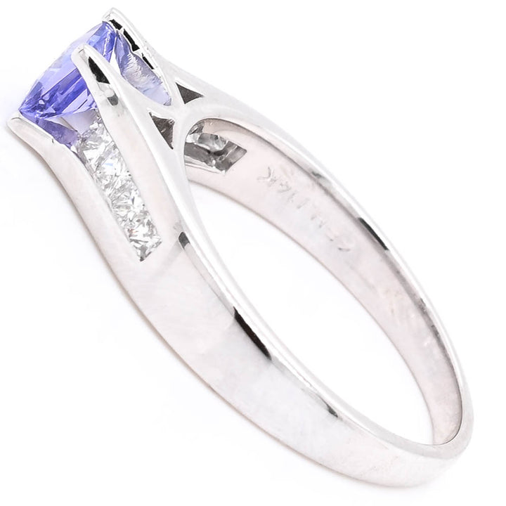 14KT White Gold 0.49CT Princess Cut Tanzanite & Diamond Accent Ring.