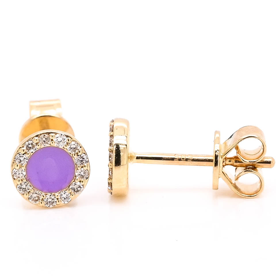 14KT Yellow Gold 0.12CTW Stud Style Backing Diamond & Purple Enamel Earrings