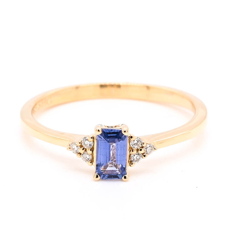 14KT Yellow Gold 0.37CT Emerald Shape Blue Sapphire and Diamond Ring