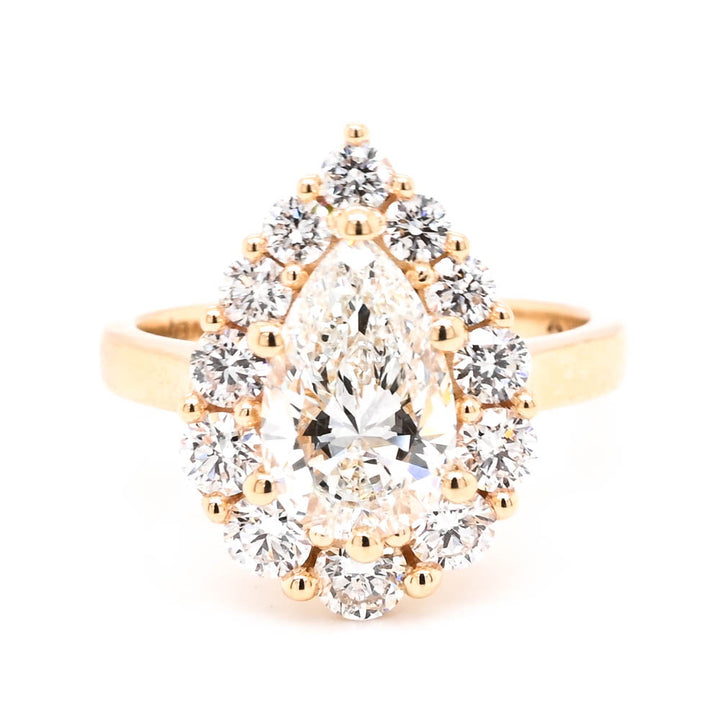 10KT Yellow Gold 2.50CTW Pear shape Lab Grown Diamond Halo Set Engagement Ring.