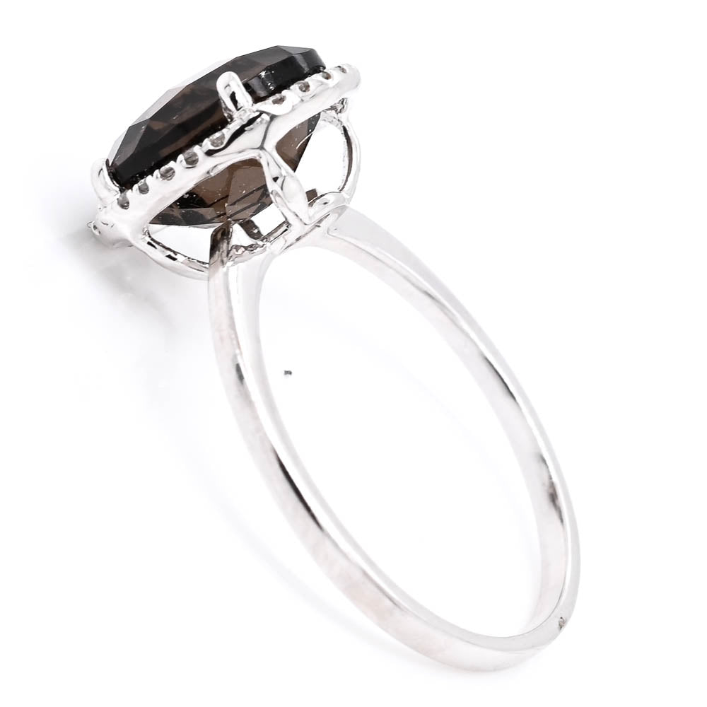 14KT White Gold Oval Shape Smokey Quartz & Diamond Halo Set Ring.