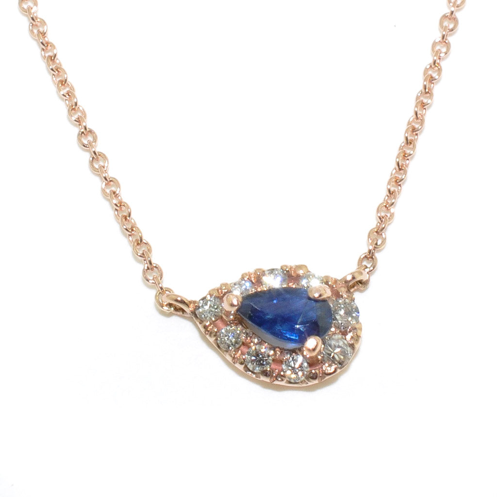 14KT Rose Gold 0.19CT Blue Sapphire and Diamond Pendant on 10KT Rose Gold 18"  Rolo Chain.