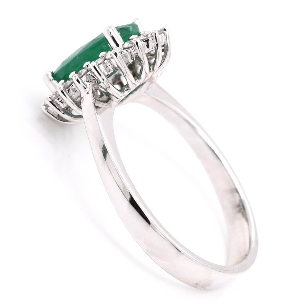 14KT White Gold 1.44CT Oval Shape Emerald & Diamond Cluster Ring.