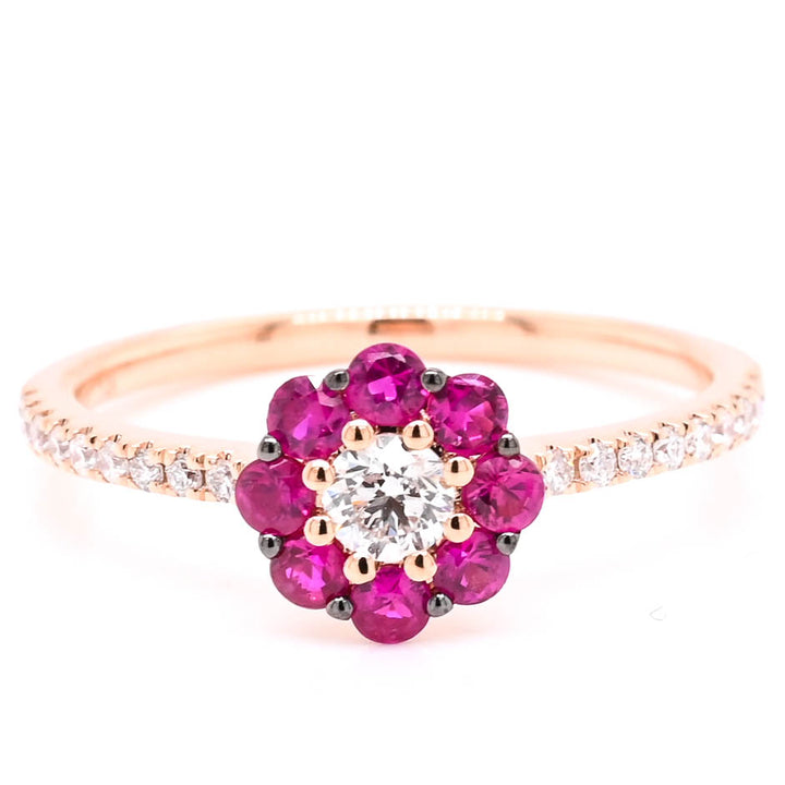 14KT Rose Gold 0.38CTW Ruby & Diamond Flower Ring.