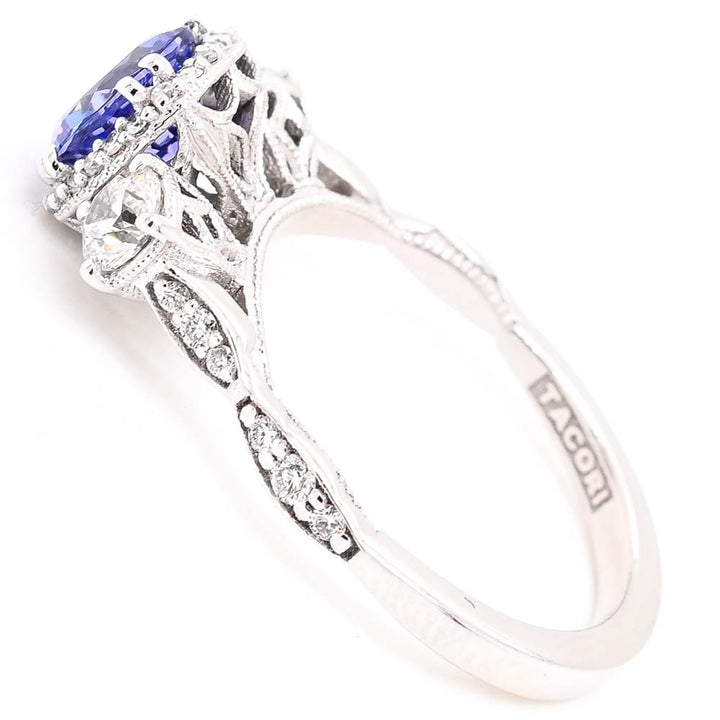 18KT White Gold 1.19C Round Brilliant Tanzanite & Diamond Tacori Ring.