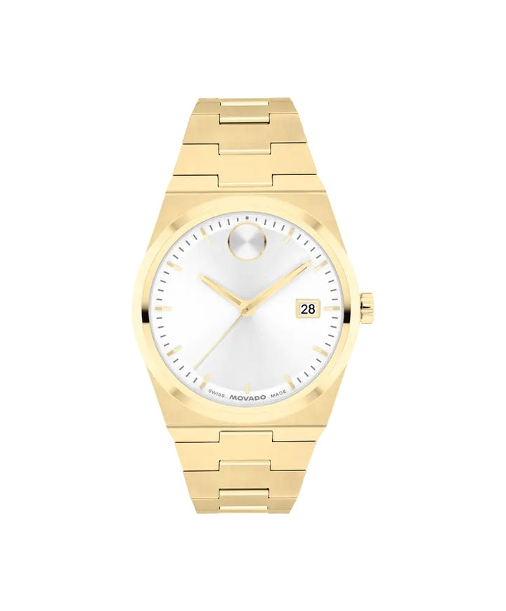 Movado Bold Quest  35mm watch features a white dial, yellow gold-tone hands, and our signature dot at 12 o'clock.3601187