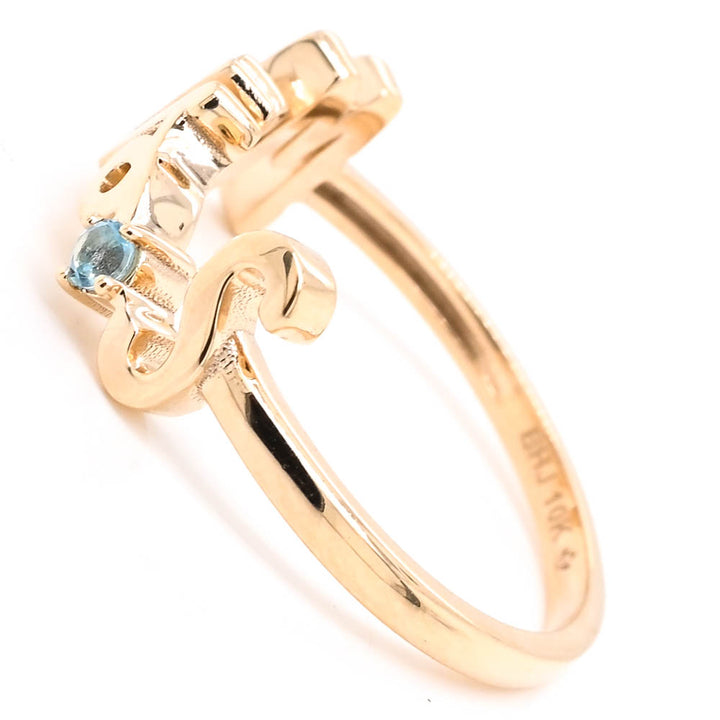 10KT Yellow Gold Blue Topaz "MRS" Ring.