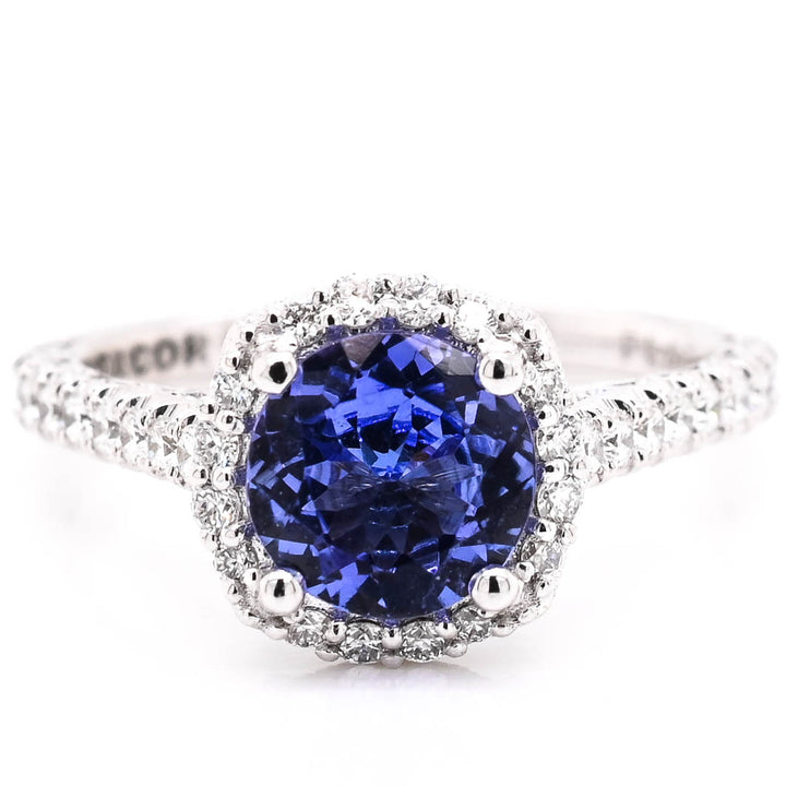 Tacori Platinum 1.16CT Round Tanzanite & Diamond Halo Set Ring.