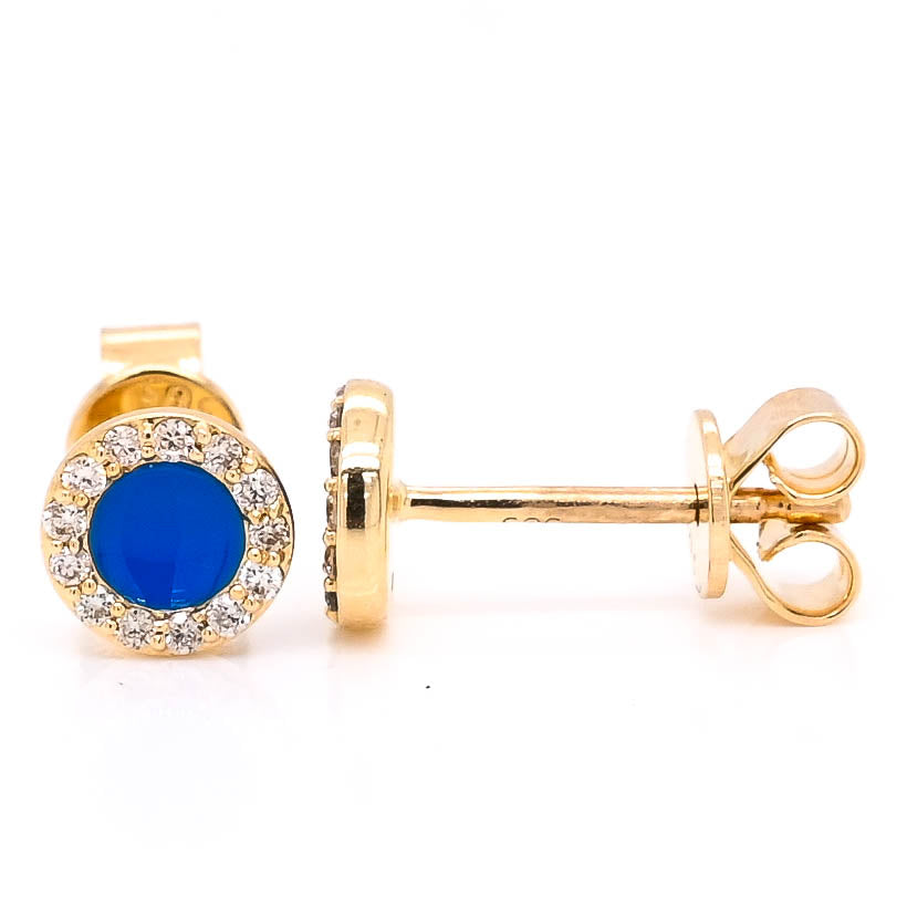 14KT Yellow Gold 0.12CTW Stud Style Backing Diamond & Blue Enamel Earrings