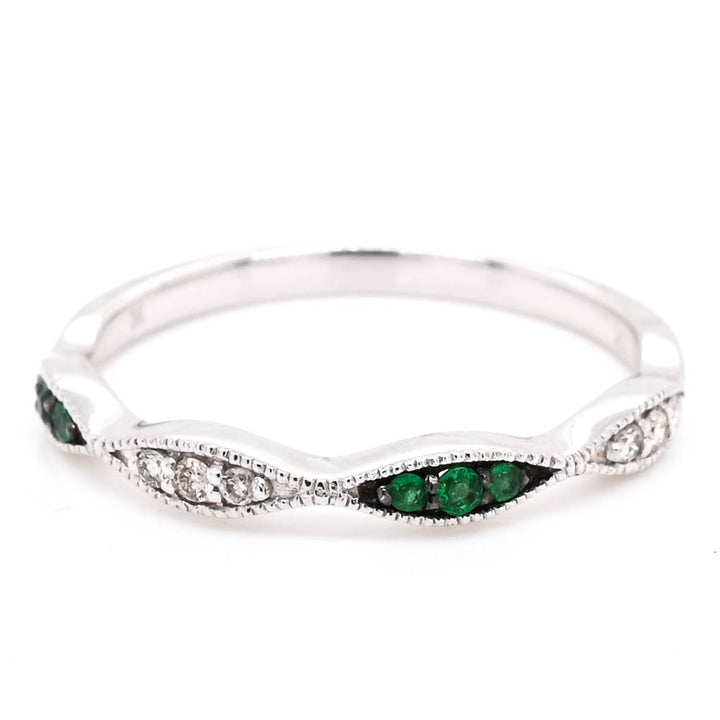 10KT White Gold Emerald & Diamond Band.