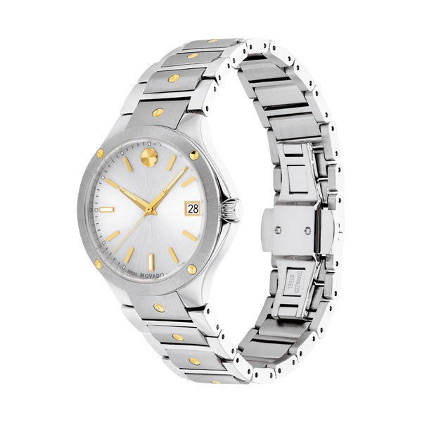 Movado SE, 32mm dual finished stainless steel case and bracelet with y