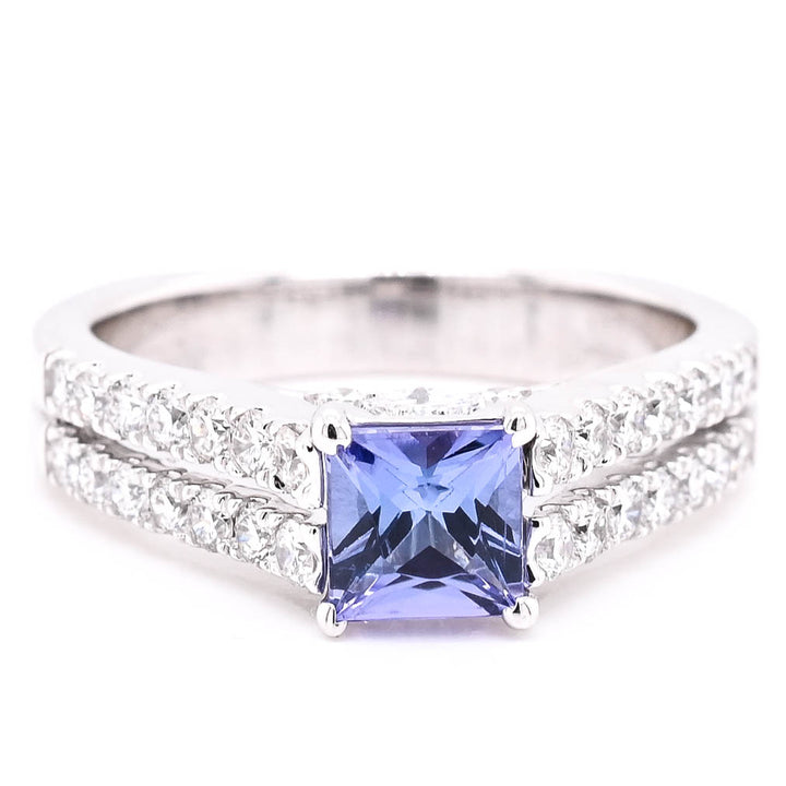 18KT White Gold 0.60CT Princess Cut Tanzanite & Diamond Accent Ring.