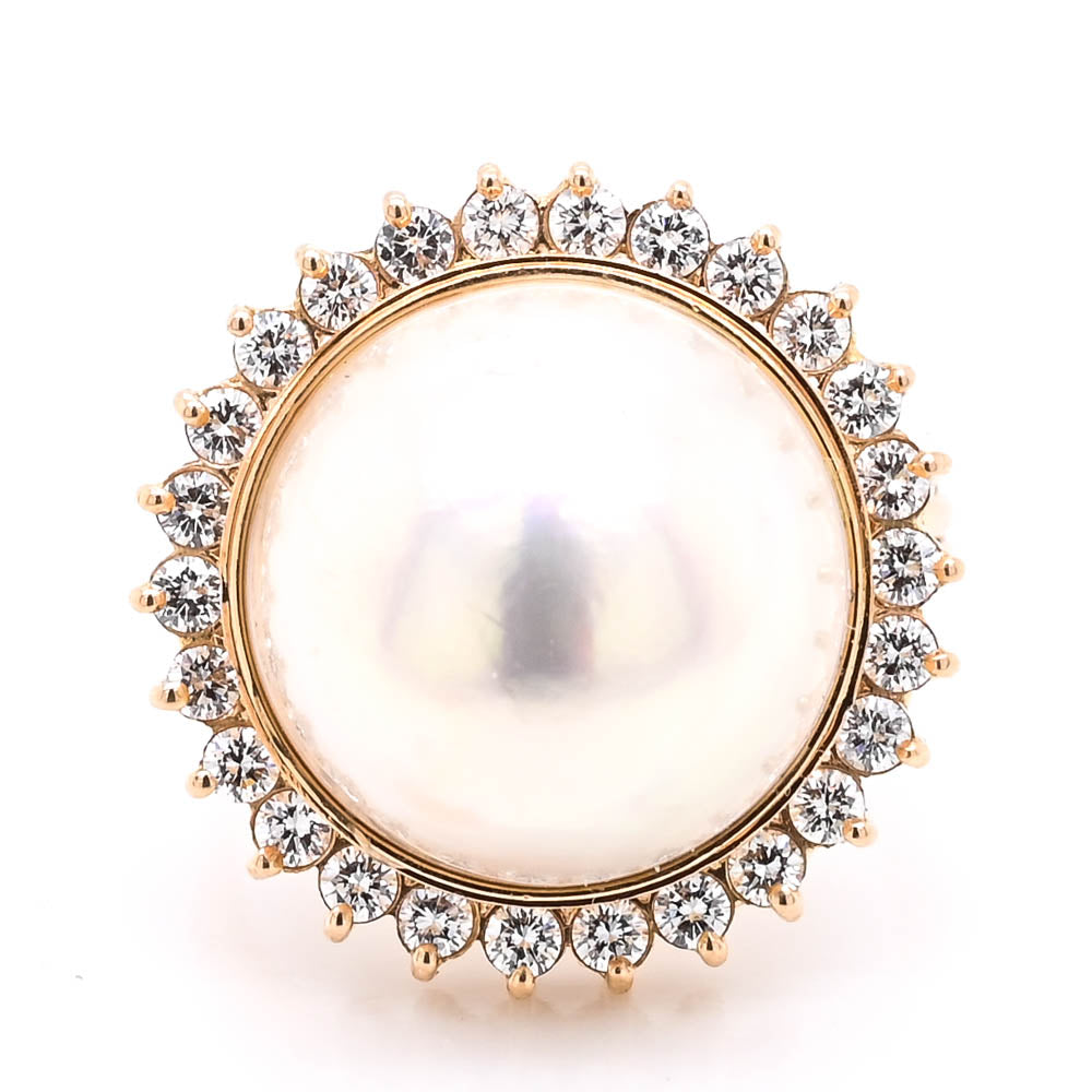14KT Yellow Gold 14mm Mabe Pearl & Diamond Fancy Cocktail Ring.