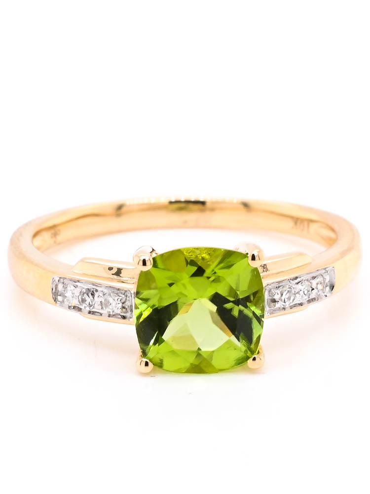 10KT Yellow Gold 1.41CT Cushion Cut Peridot & Diamond Ring.