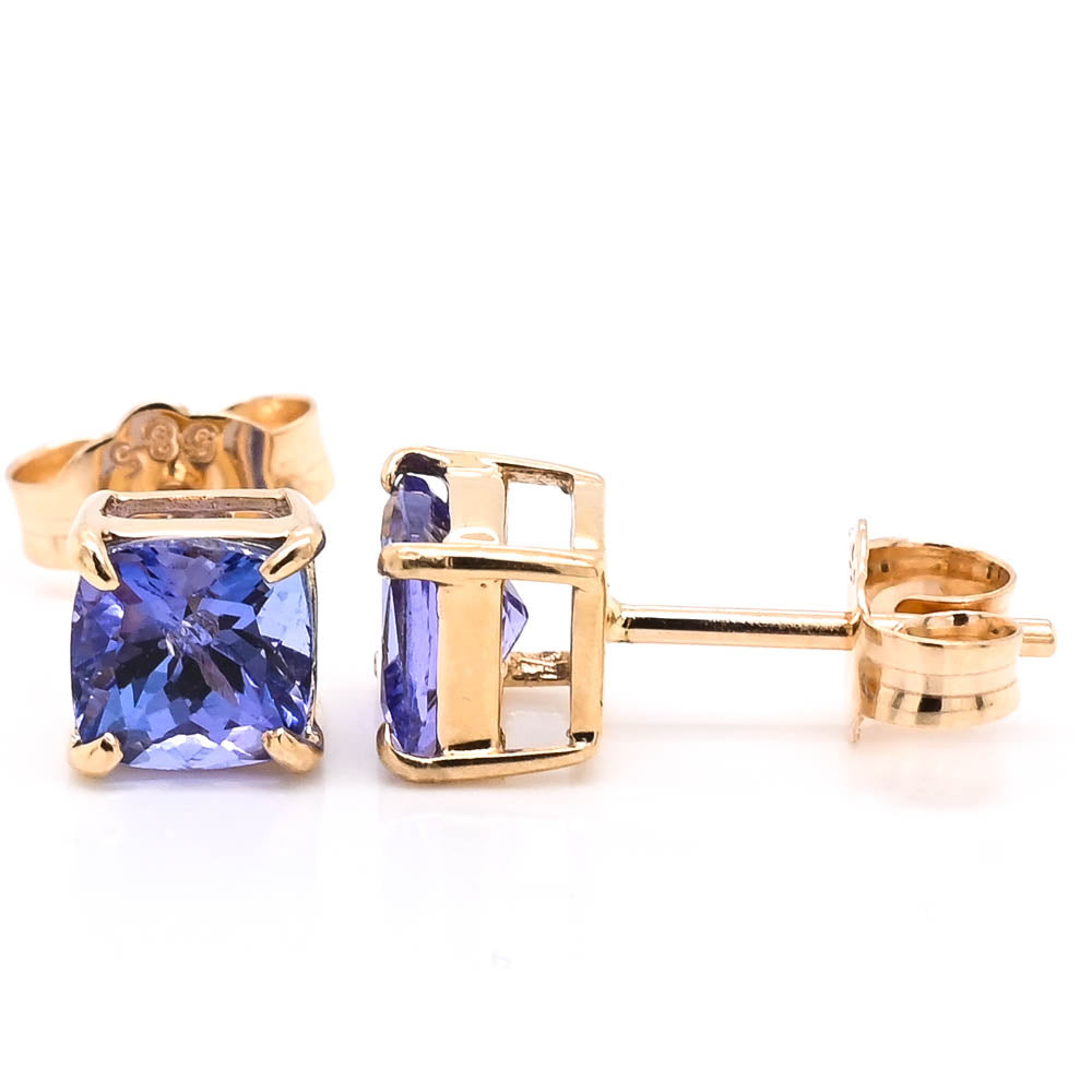 14KT Yellow Gold 5mm Cushion Cut Tanzanite Stud Earrings.