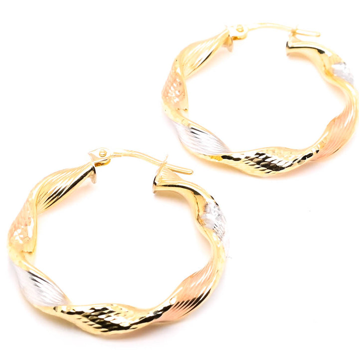 10KT Tri-Colour Gold Twisted Medium Hoop Earrings.