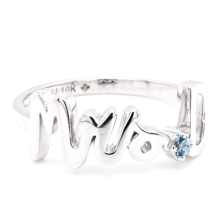 10KT White Gold Blue Topaz "MRS" Ring.