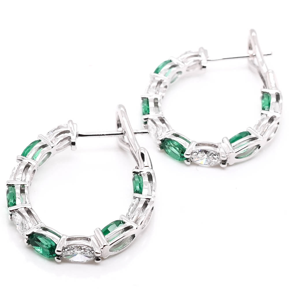 14KT White Gold 1.81CTW LAB Created Emerald & Diamond Oval Hoop Earrings.