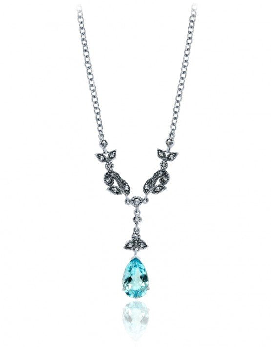 Larus Sterling Silver 18" Blue Topaz & Marcasite  Necklace.