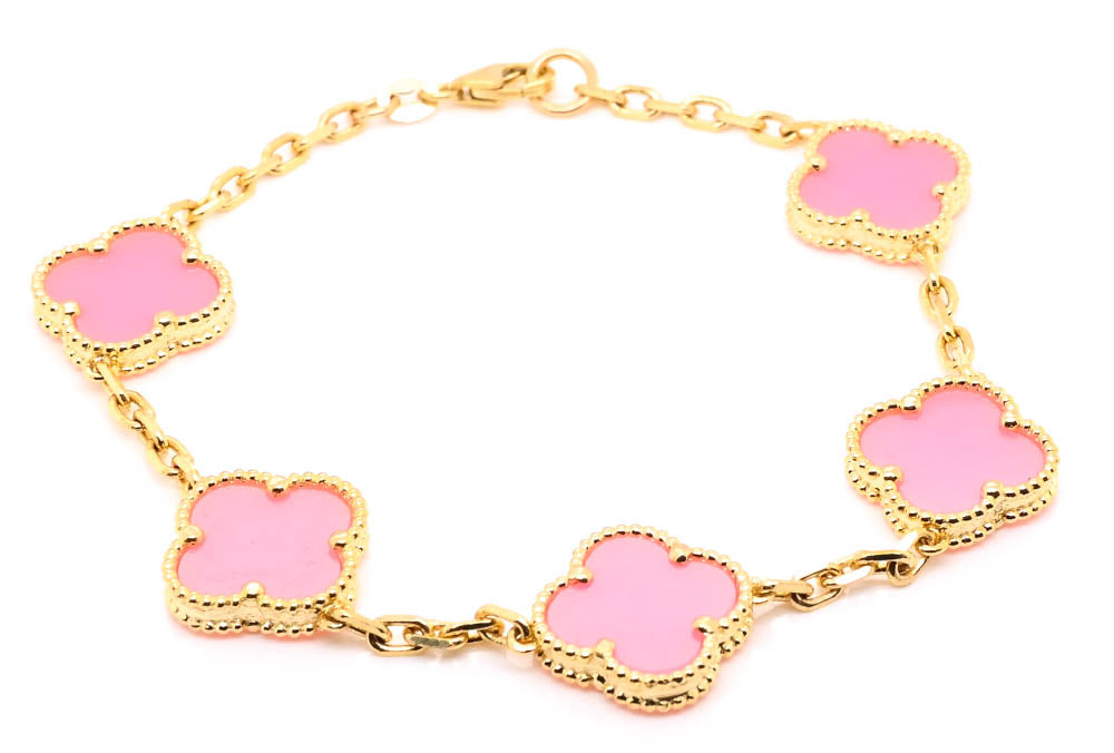 10KT Yellow Gold 8" Pink Flower Bracelet.