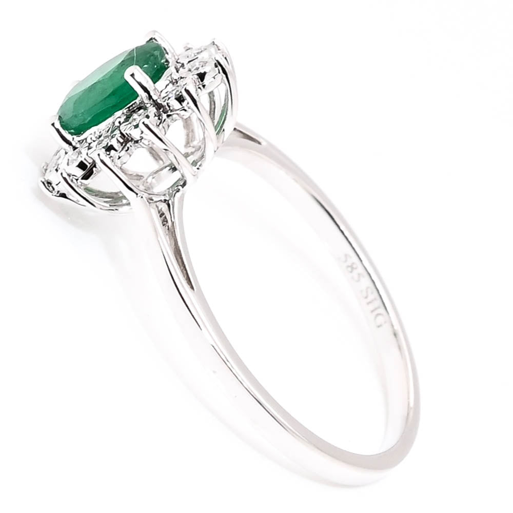 14KT White Gold 0.64CT Oval Shape Emerald & Diamond Cluster Ring.