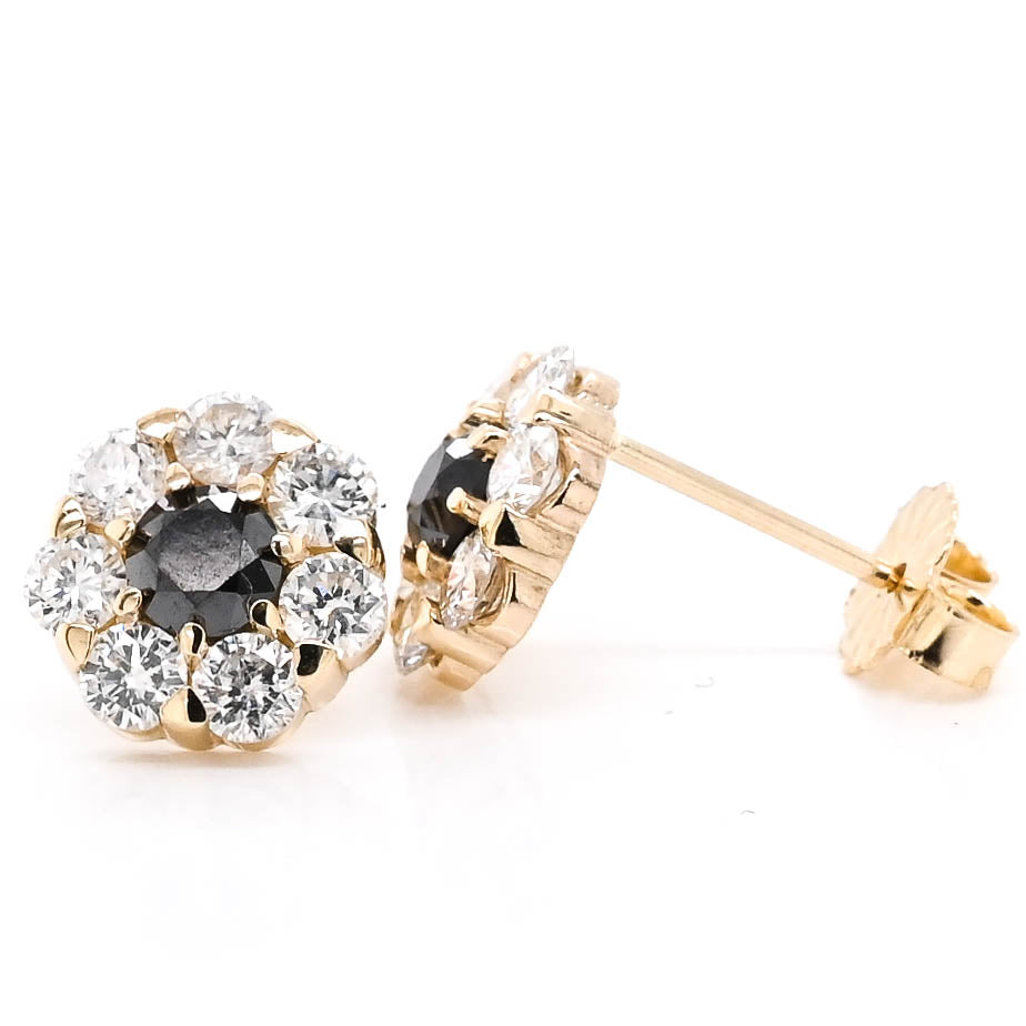 14KT Yellow Gold 1.55CTW Black & White Diamond Flower Stud Earrings.