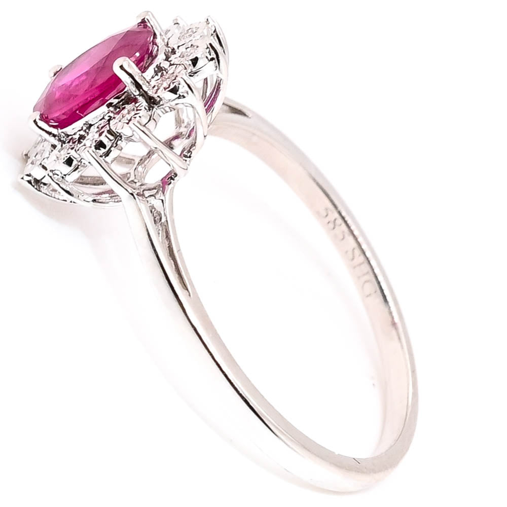 14KT White Gold 0.76CT Oval Shape Ruby & Diamond Cluster Ring.
