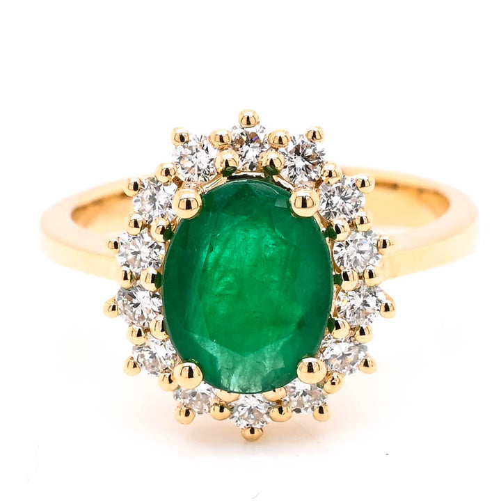 14KT Yellow Gold 1.50CT Oval Shape Emerald & Diamond Cluster Ring.