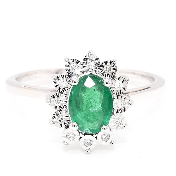 14KT White Gold 0.64CT Oval Shape Emerald & Diamond Cluster Ring.