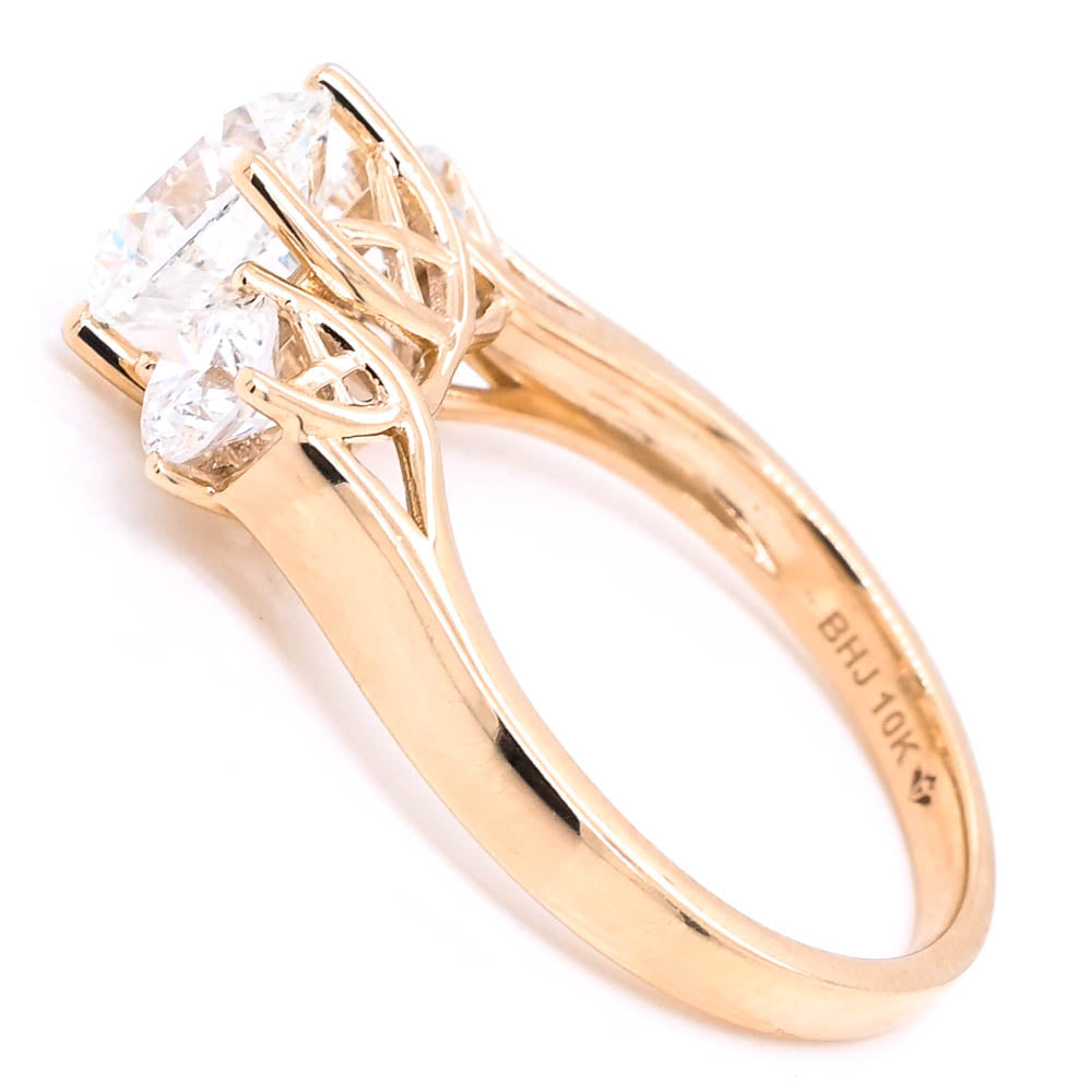 10KT Yellow Gold 2.30CTW Round Brilliant Lab Grown Diamond Trinity Engagement Ring.