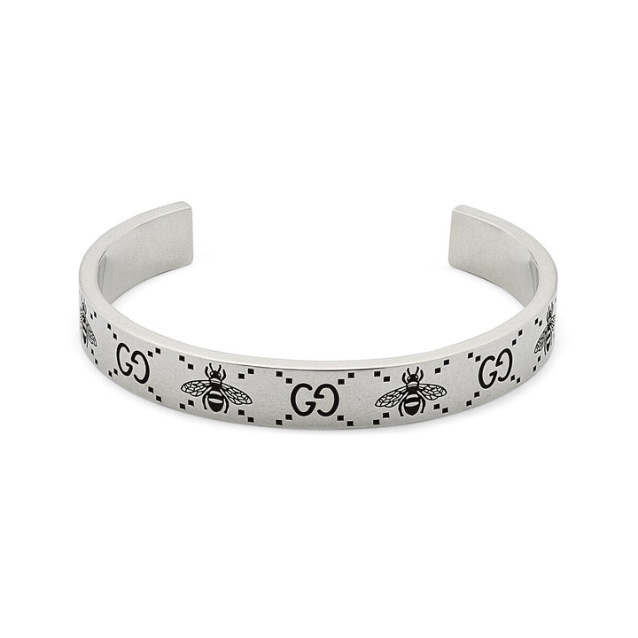 Gucci Sterling Silver 8.25" 8mm GG and Bee Engraved Cuff Bracelet.