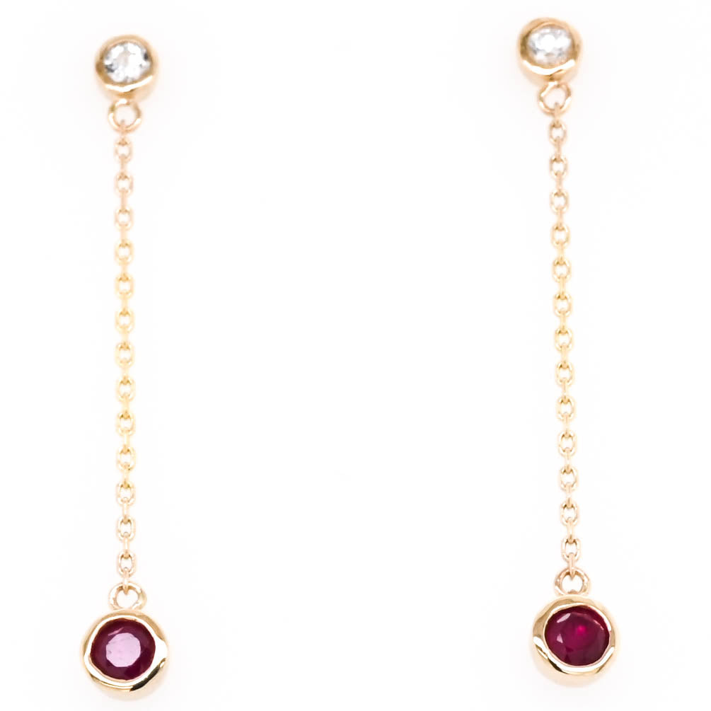 14KT Yellow Gold White Sapphire & Ruby Dangle Earrings.