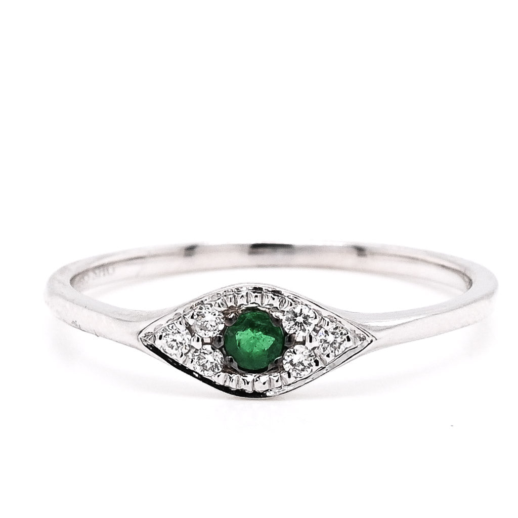 14KT White Gold 0.05CT Round Emerald & Diamond Evileye Ring.