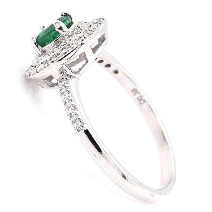 14KT Yellow Gold Round Brilliant Emerald & Diamond Double Halo Set Ring.