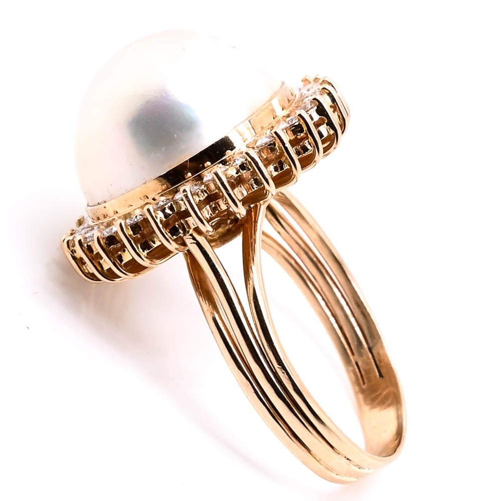14KT Yellow Gold 14mm Mabe Pearl & Diamond Fancy Cocktail Ring.