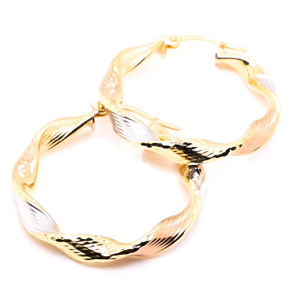 10KT Tri-Colour Gold Twisted Medium Hoop Earrings.